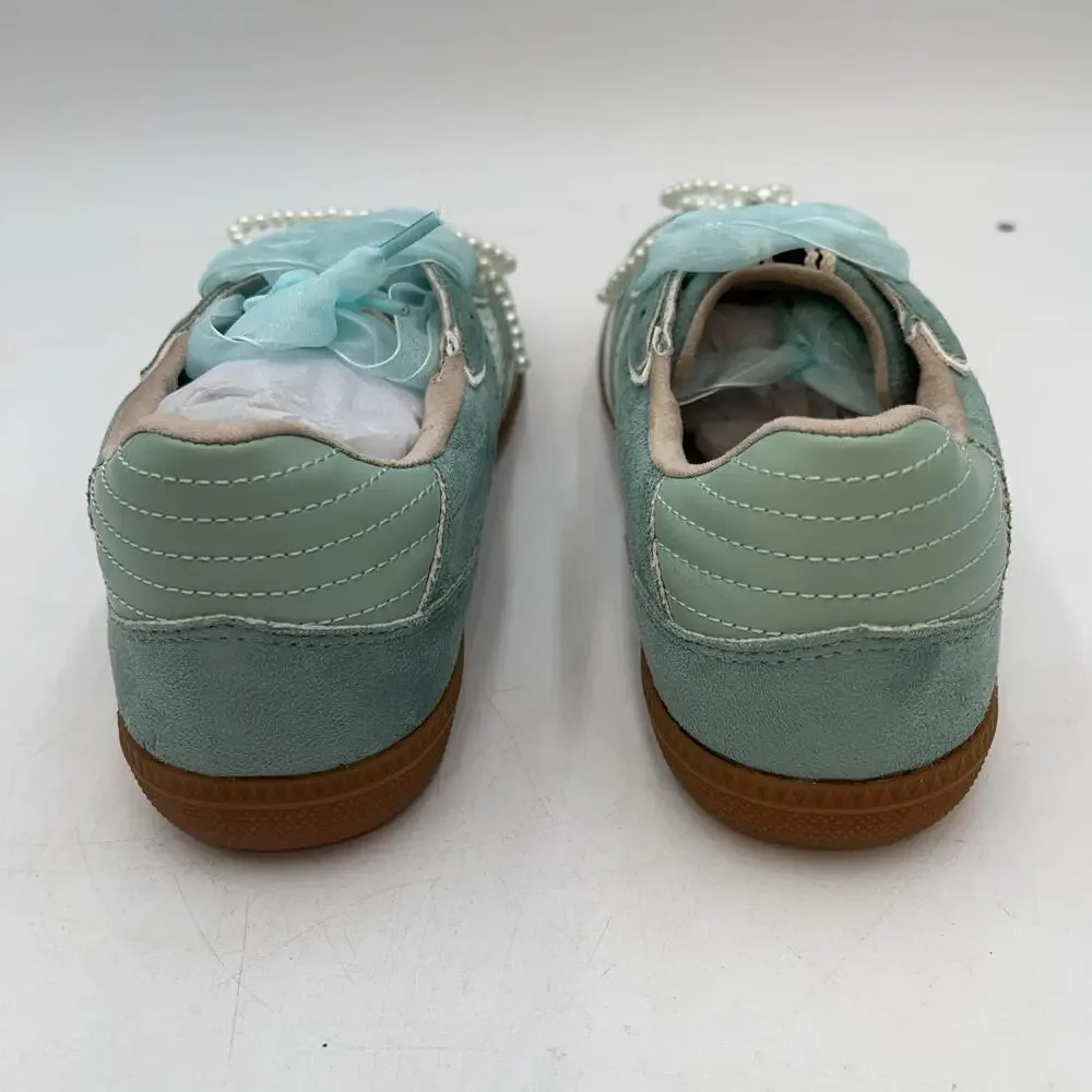 Aqua Suede Pearl Beaded Shoes Womens Low Top Casual Sneakers Sophie Size 8.5